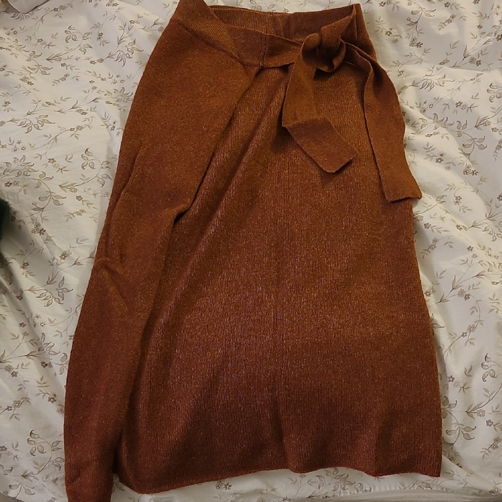 Frank & Oak Terracotta Knit Wrap Skirt with Bow Accent